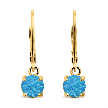 Round Yellow Tone, Lab Created Blue Opal Leverback Earrings 925 Sterling Silver (25.4mm)